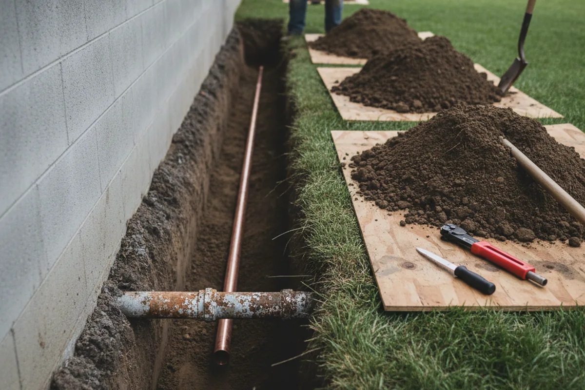 Excavated water line trench during Sewer Line Repair in Gig Harbor